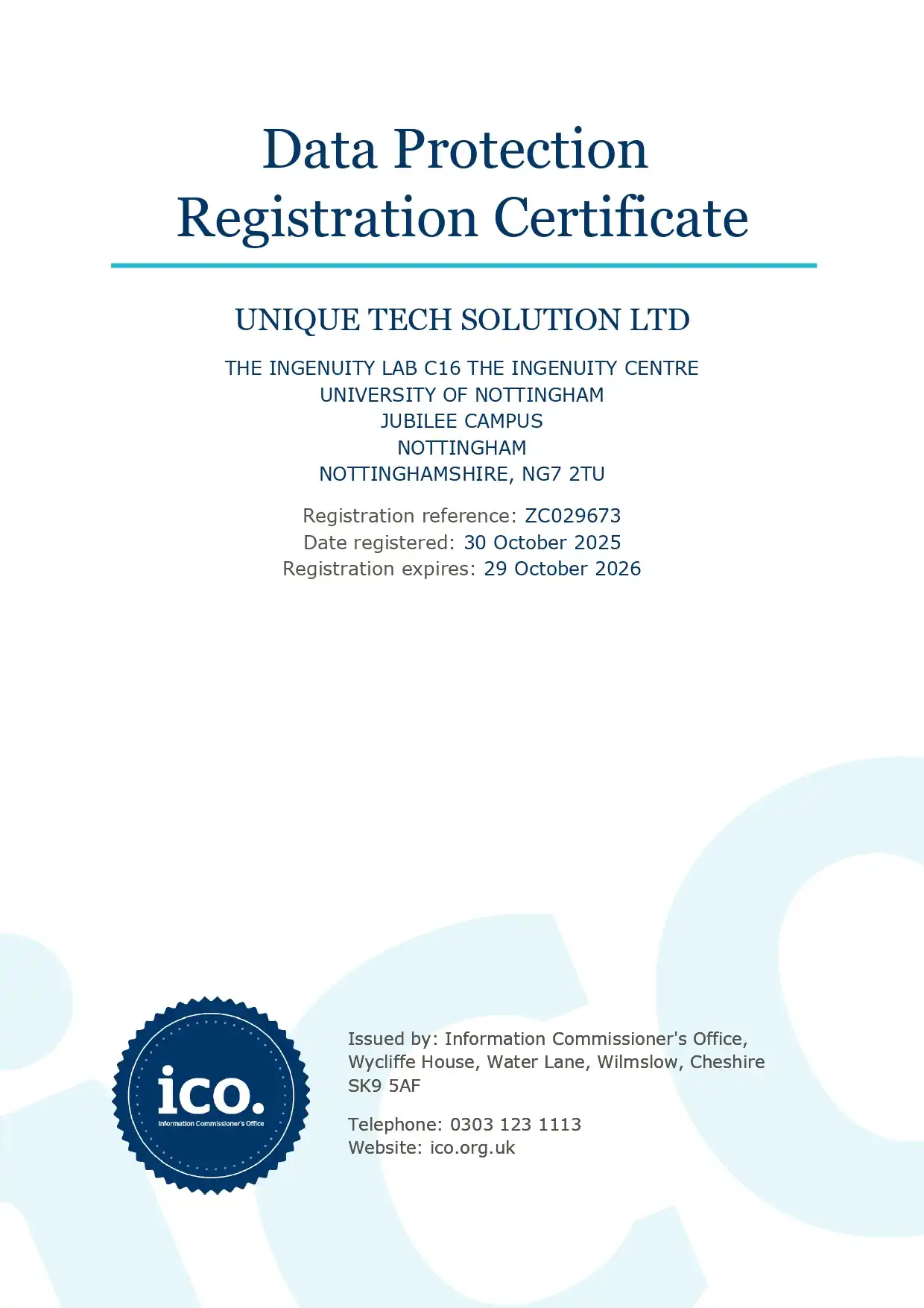 ICO Data Protection Registration Certificate